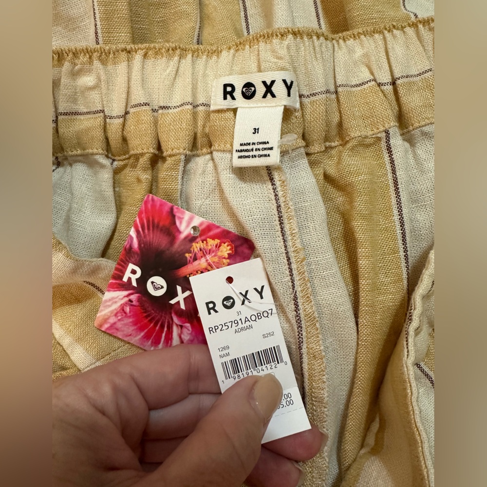 ROXY ADRIAN WIDE LEG LINEN BLEND PANTS AMBER GOLD STRIPE SIZE 31 NWT - Picture 9 of 12